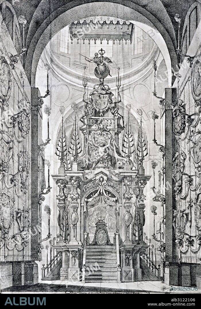 JOSÉ BENITO DE CHURRIGUERA. Catafalco de la Reina María Luisa de Orleans.