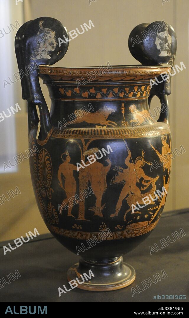 Actaeon fighting with the hind watched by Artemis seated and Hermes and Pan. On the neck: lion and boar combating. Krater made in Puglia. From Ruvo di Puglia. Iliupersis Painter or Group of the Lycurgus Painter. Second half of 4th century BC. Pottery. National Archaeological Museum. Naples. Italy.