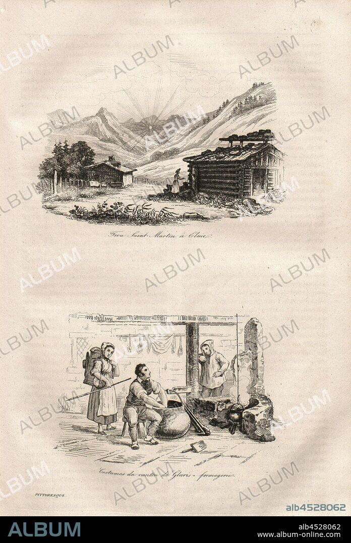 Hole Saint Martin in Elme - Costumes from the canton of Glaris. Cheese factory, Above: View of Elm with a view of the Martinsloch, below: People in a cheese dairy wearing traditional clothes, to p. 78, 1835, Alexandre Martin: La Suisse pittoresque et ses environs. Tableau général, descriptif, historique et statistique des 22 cantons, de la Savoie, d'une partie du Piémont et du pays de Bade. Paris: Hippolyte Souverain, 1835.