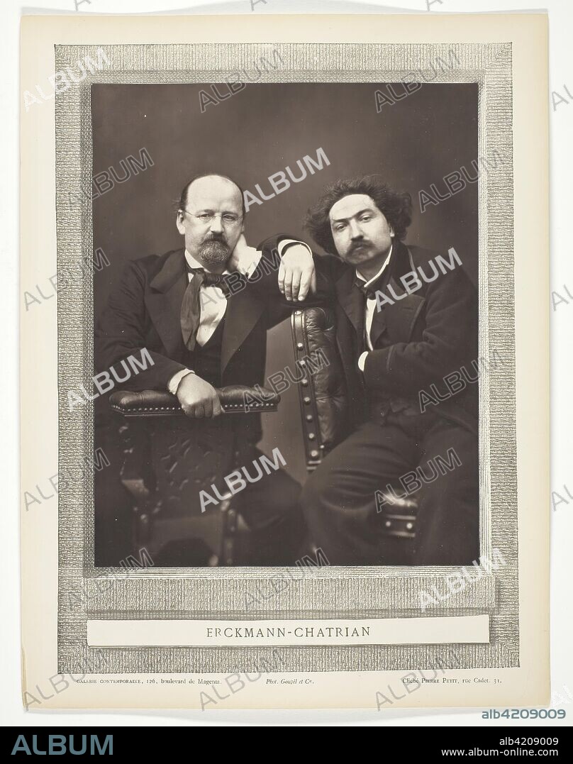 Émile Erckmann (French writer, 1822-1899) and Alexandre Chatrian (French writer, 1826-1890). Pierre Petit; French, 1832-1909. Date: 1871-1876. Dimensions: 23.8 × 19.1 cm (image/paper); 34.2 × 26 cm (mount). Woodburytype, from the periodical "Galerie Contemporaine Littéraire, Artistique" (1876), volume 1. Origin: France.