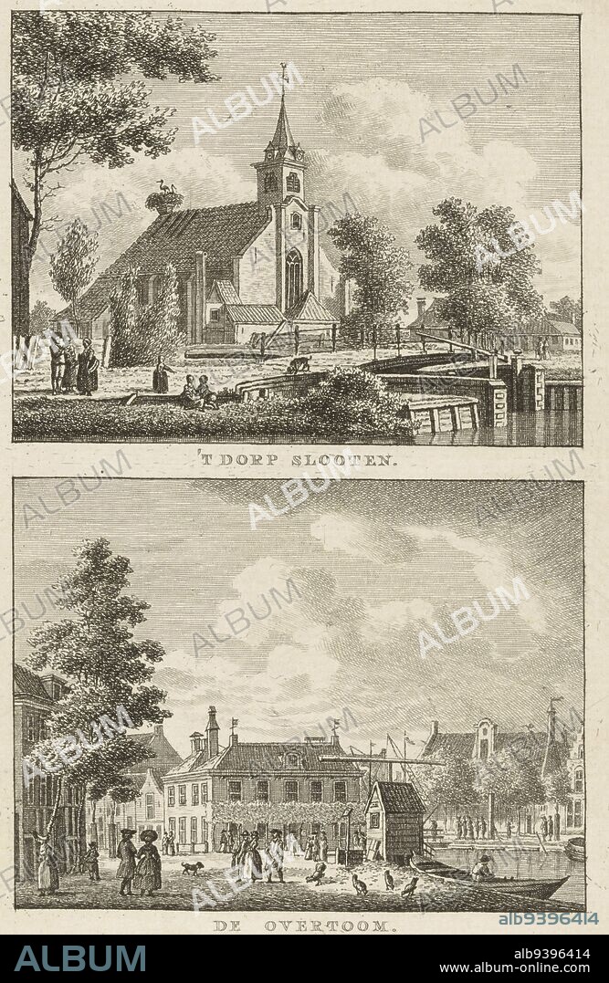 Village scene with Dutch Reformed church in Sloten and townscape with Overtoom in Amsterdam 'T dorp Slooten De Overtoom , print maker: Carel Frederik Bendorp (I), intermediary draughtsman: Jan Bulthuis, 1786 - 1792, paper, etching, h 176 mm × w 248 mm.