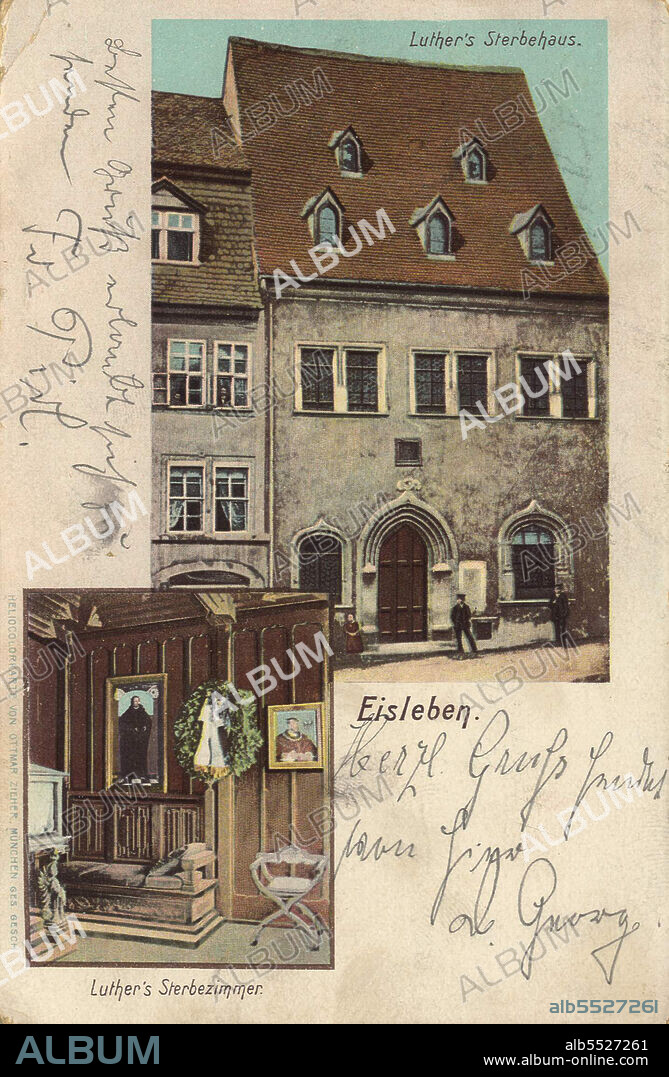 Luthers Sterbehaus in Eisleben, district of Mansfeld-Sudharz, Saxony-Anhalt, Germany, view around 1910, digitale Reproduktion einer historischen Postkarte, public domain, aus der damaligen Zeit, genaues Datum unbekannt.