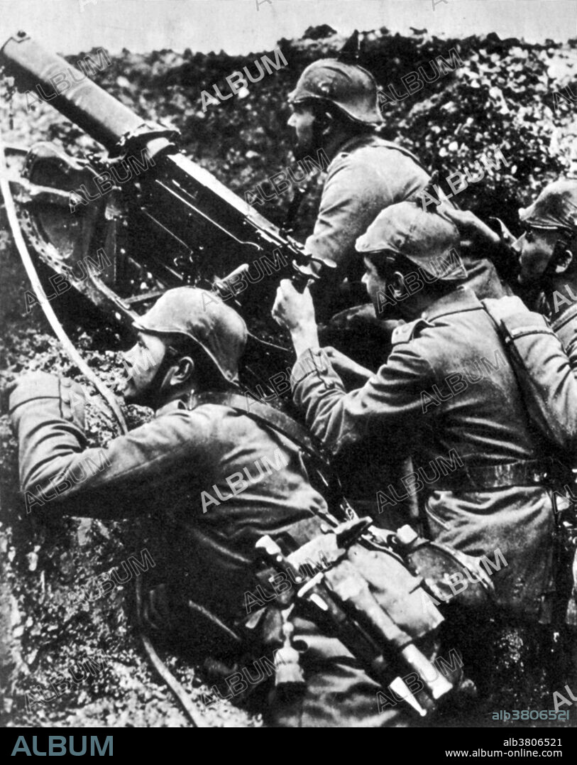 German machine gun crew. The Maschinengewehr 08, or MG 08, was the German Army's standard machine gun in WWI and is an adaption of Hiram S. Maxim's original 1884 Maxim gun. When the war began in August 1914, approximately 12,000 MG 08s were available to battlefield units. In 1914 some 200 MG 08s were produced each month By 1916, once the weapon had established itself as the pre-eminent defensive battlefield weapon, the number had increased to 3,000 and a year later to 14,400 per month. No date or location available.