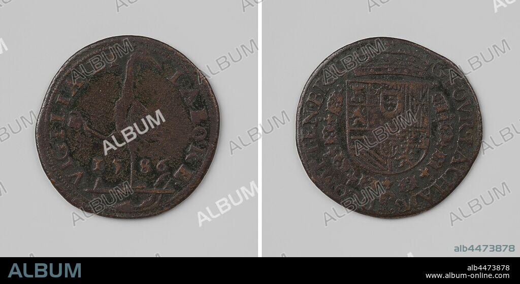 Alessandro Farnese, Duke of Parma, calculation token from the Court of Audit in Brabant in Brussels, Copper Medal. Front: stork with stone in left leg and with right leg standing on plow between year within an inscription. Reverse: crowned coat of arms, hanging with the order of the Golden Fleece within the wrapper, Brussels, Alessandro Farnese (governor of the Netherlands and duke of Parma and Piacenza), governor of the southern Netherlands Albert Casimir, Court of Audit of Brabant, anonymous, Belgium, 1586, copper (metal), striking (metalworking), d 2.8 cm × w 5.52 gr.