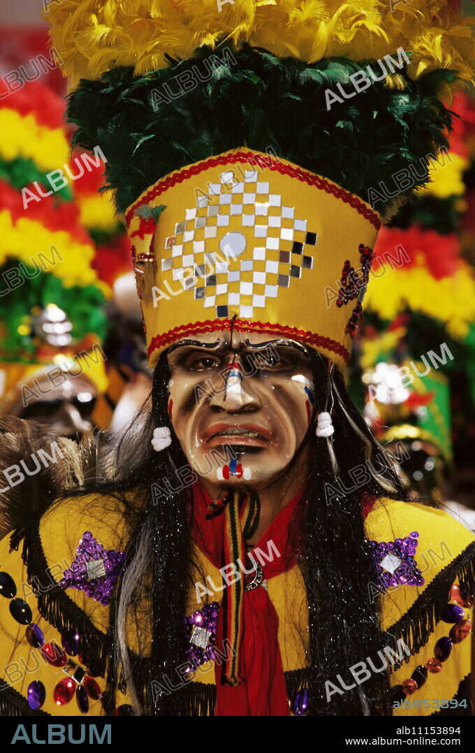 Portrait of a Tobas warrior, the Devil dance (La Diablada), carnival, Oruro, Bolivia, South America.