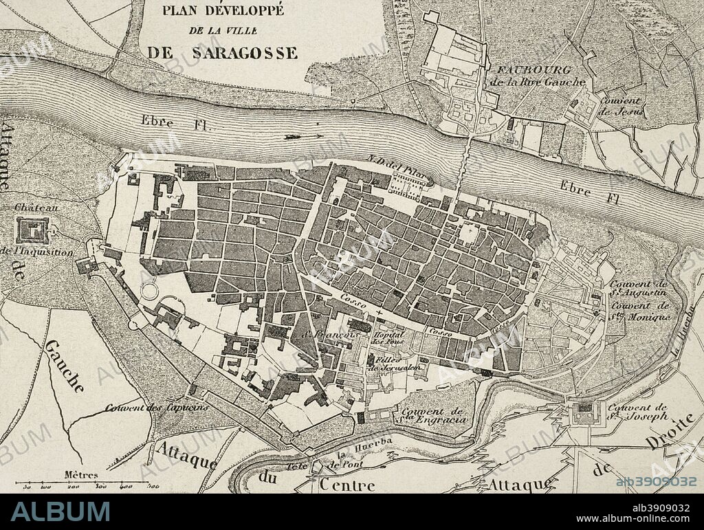 Plano de la ciudad de Zaragoza (España). Durante la Guerra de Independencia Española la ciudad vivió dos sitios, en 1808 y 1809. Historia del Consulado y del Imperio de Napoleón (Atlas de l'Histoire du Consulat et de l'Empire). Obra de Marie Joseph Louis Adolphe Thiers (1797-1877). Dibujos realizados por Dufour y grabados por Dyonnet. Editado en París, 1864. Biblioteca Histórico Militar de Barcelona. Cataluña, España.