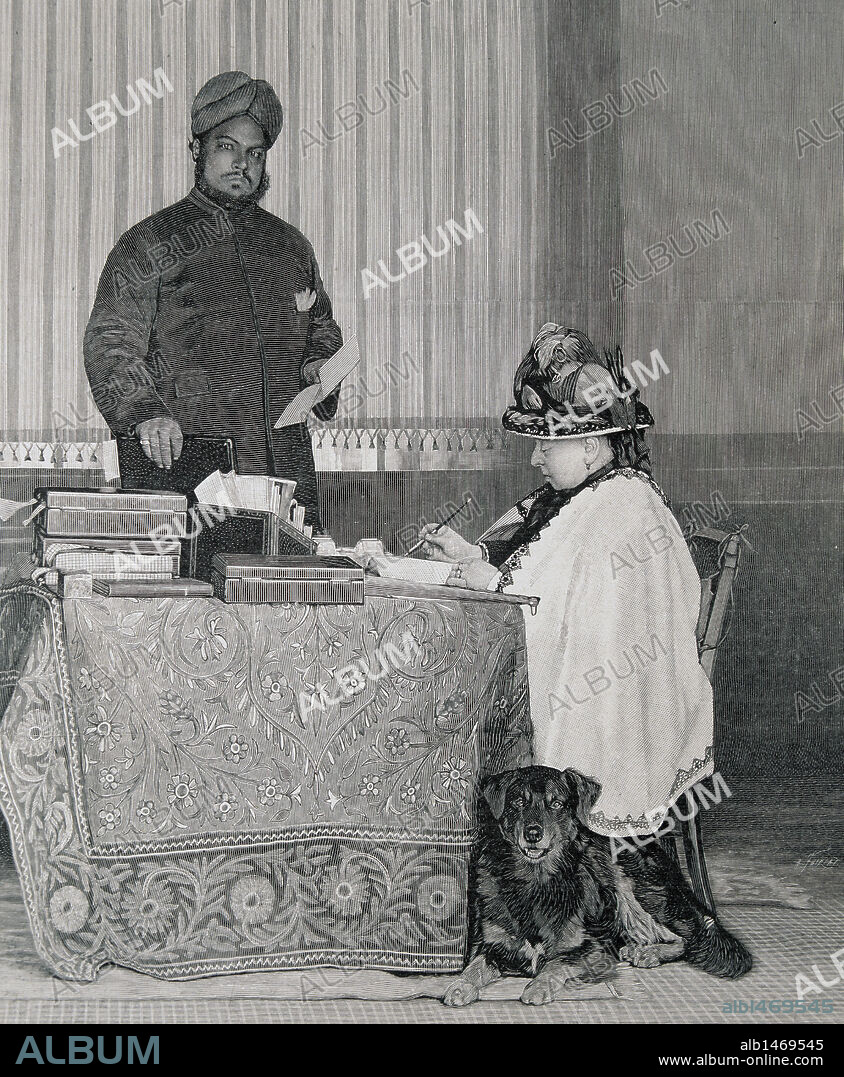 VICTORIA I (1819-1901). Reina de Gran Bretaña e Irlanda (1837-1901) y emperatriz de la India (1876-1901). "LA REINA VICTORIA Y SU SECRETARIO HINDU" según una de las últimas fotografías tomadas en el Castillo de Balmoral. Fotógrafo: R. Milne. "L'Illustration" (26 de enero de 1901) .