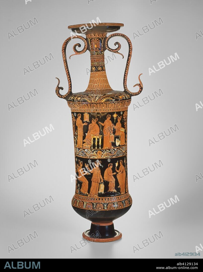 ANCIENT GREEK. Loutrophoros (Container for Bath Water). Greek; Apulia, Italy; Attributed to the Varrese Painter. Date: 350 BC-340 BC. Dimensions: 88 × 37.5 × 26 cm (34 3/4 × 14 3/4 × 10 1/4 in.). Terra-cotta, decorated in the red-figure technique. Origin: Puglia.