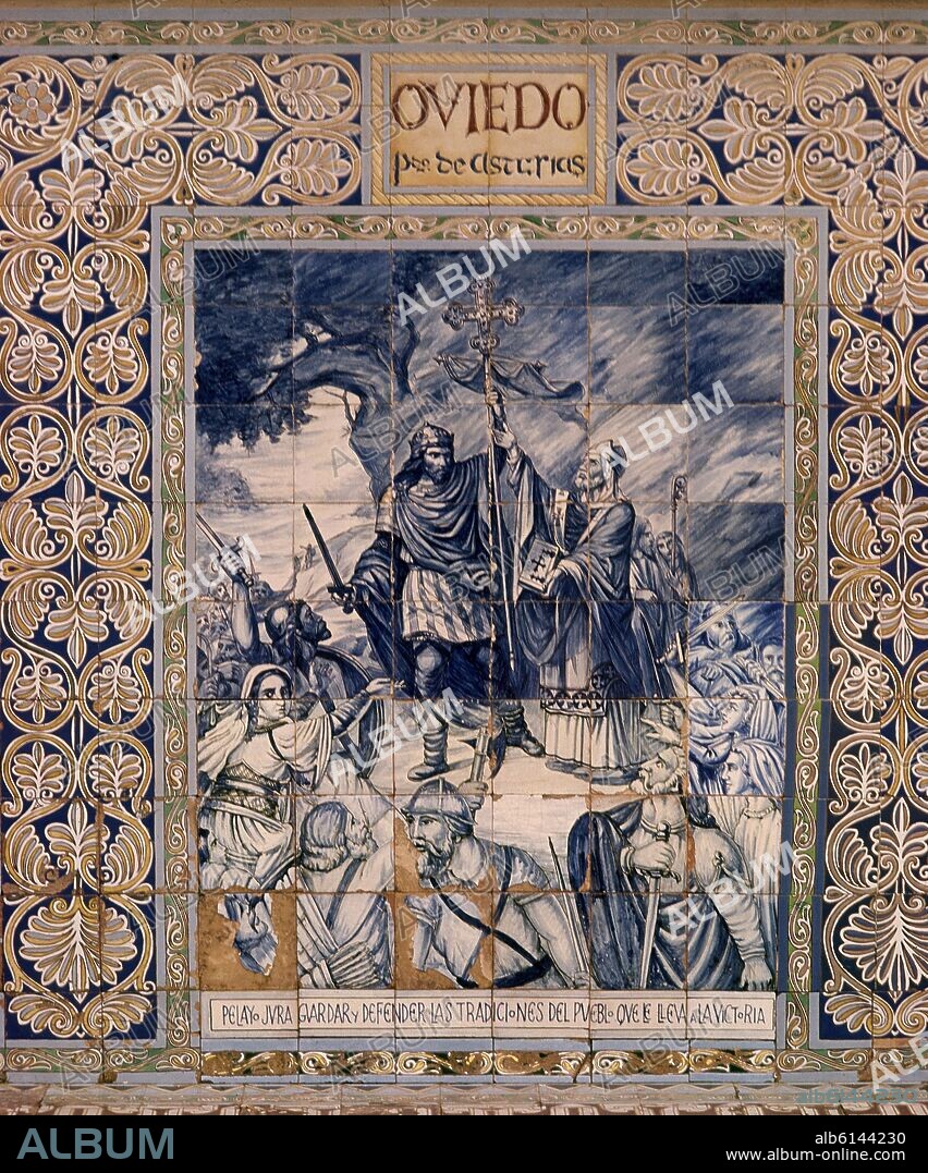 REPRESENTACION DE OVIEDO - EL REY DON PELAYO JURA GUARDAR Y DEFENDER LAS TRADICIONES DEL PUEBLO - MOSAICO DE LA PLAZA DE ESPAÑA DE SEVILLA - SIGLO XX.