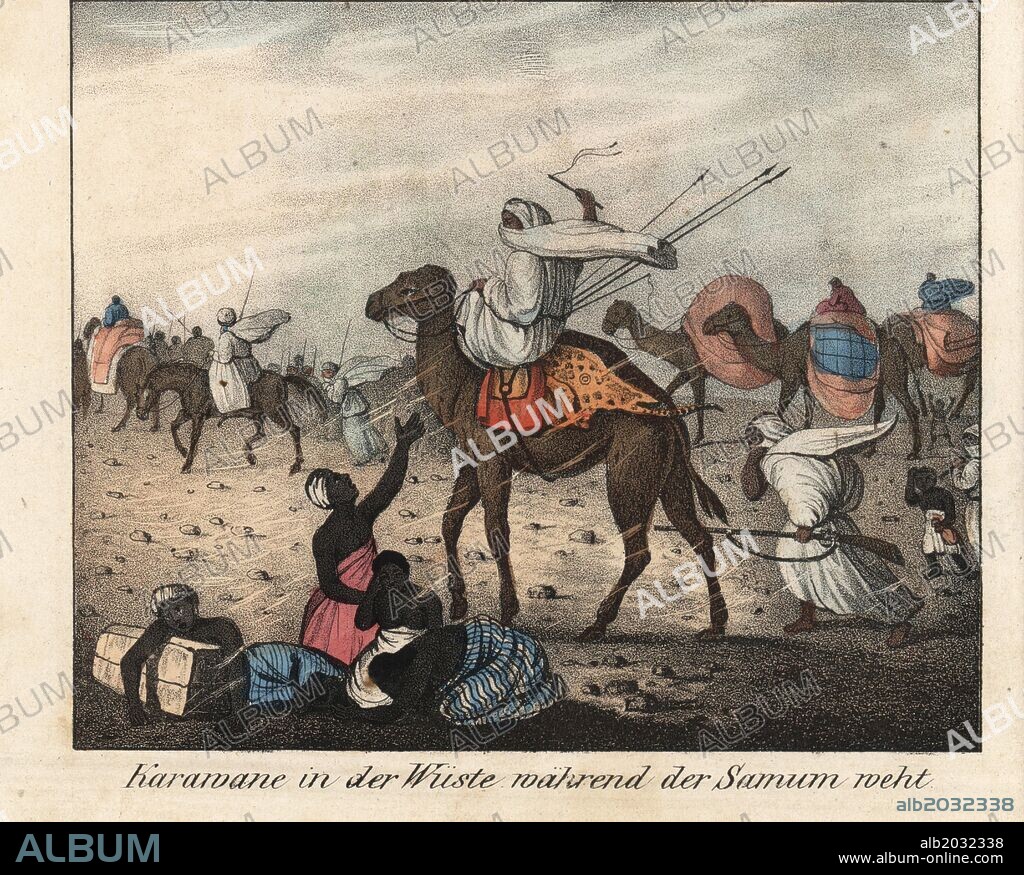 An Arab caravan of camels and horses forced to shelter from the Simoom (Samum) wind in the African desert. Handcoloured lithograph from Friedrich Wilhelm Goedsche's "Vollstaendige Völkergallerie in getreuen Abbildungen" (Complete Gallery of Peoples in True Pictures), Meissen, circa 1835-1840. Goedsche (1785-1863) was a German writer, bookseller and publisher in Meissen. Many of the illustrations were adapted from Bertuch's "Bilderbuch fur Kinder" and others.