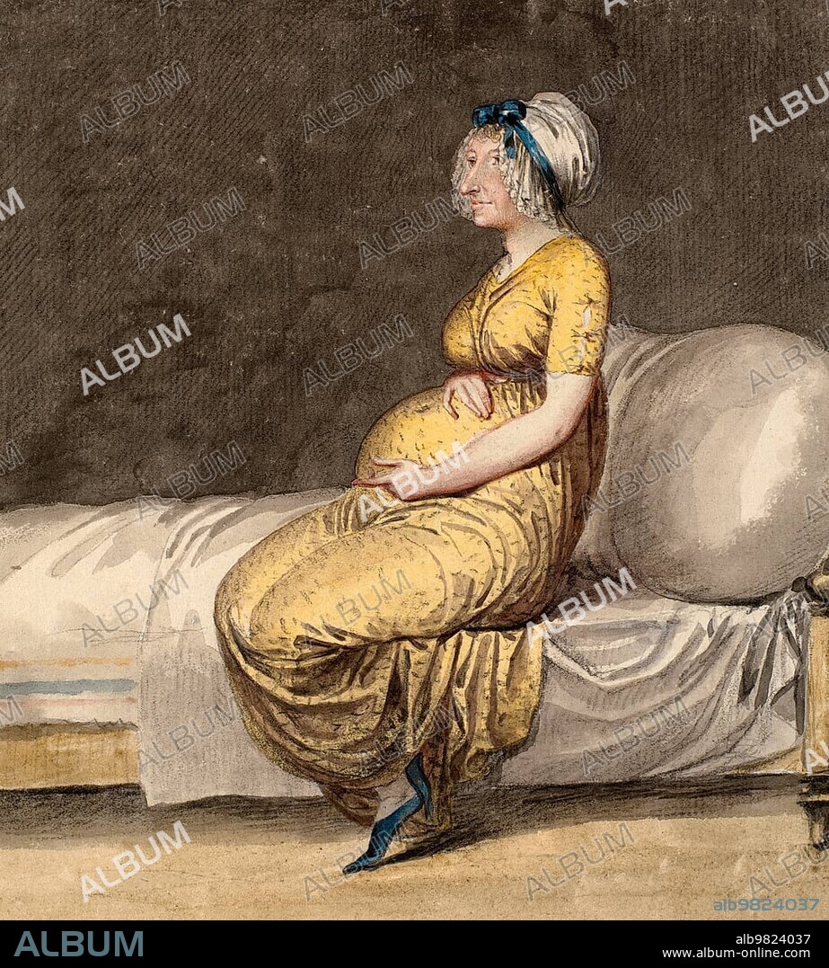 Caricature of a Pregnant Woman Sitting on the Edge of a Bed, Pregnancy, Baby's Belly, 1810, Painting by Nicolai Abildgaard, Historic, digitally restored reproduction from a 19th century original