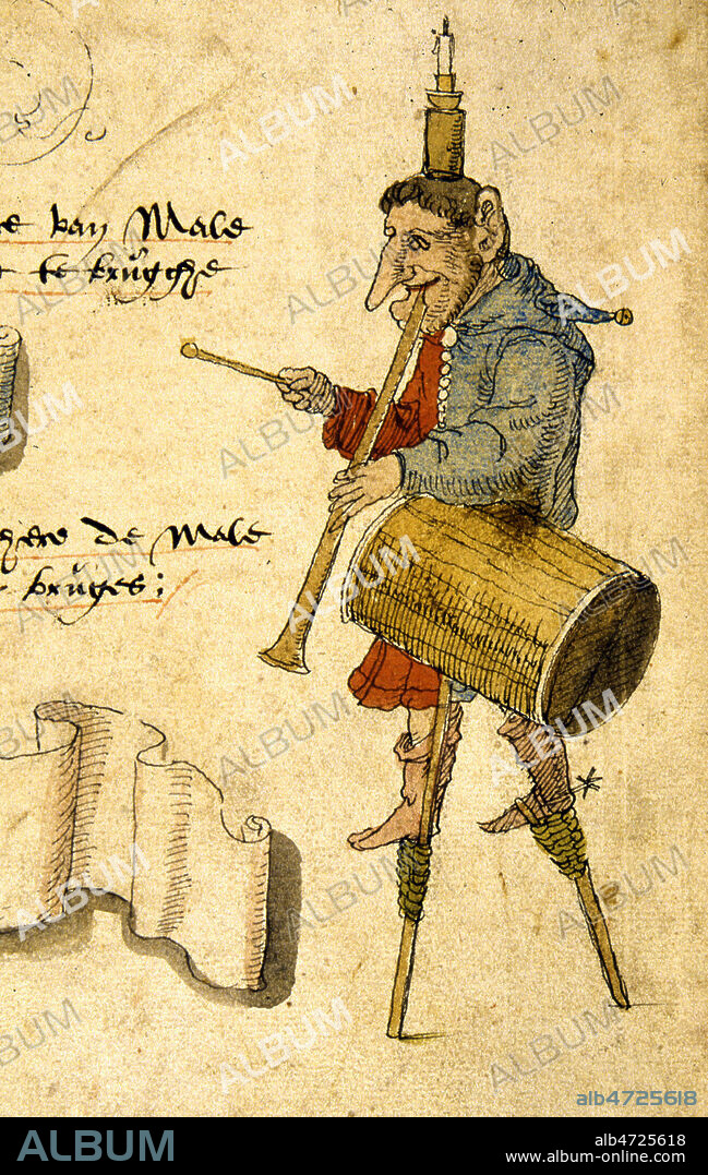Homme sur des echasses jouant de la flute et du tambour. Enluminure tiree d'un recueil de chansons datant de 1542 (16e, 16eme, XVIe s.). Manuscrit conserve a la bibliotheque municipale de Cambrai. Credit : Jean Vigne/KHARBINE-TAPABOR.