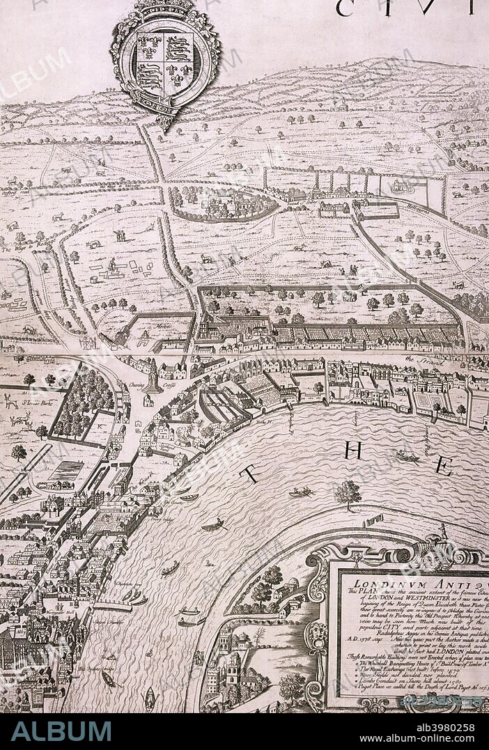Map of London in the year 1560; showing the area between Westminster and the Strand, with Lambeth to the south of the River Thames and the Tudor royal arms at the top.