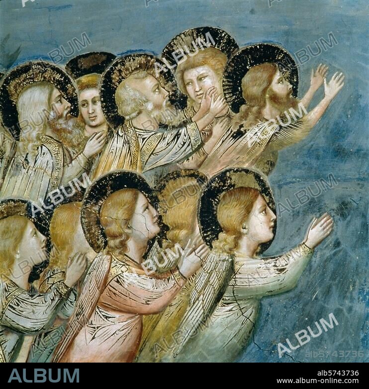 Giotto di Bondone; c. 1266-1337; and workshop. "Ascension of Jesus", c. 1303/05. Detail: angels. Fresco, c. 185 × 200 cm. From a cycle with scenes depicting the life of Mary and Christ. Padua, Scrovegni Chapel (Cappella degli Scrovegni), left wall, bottom row, imag. 5.