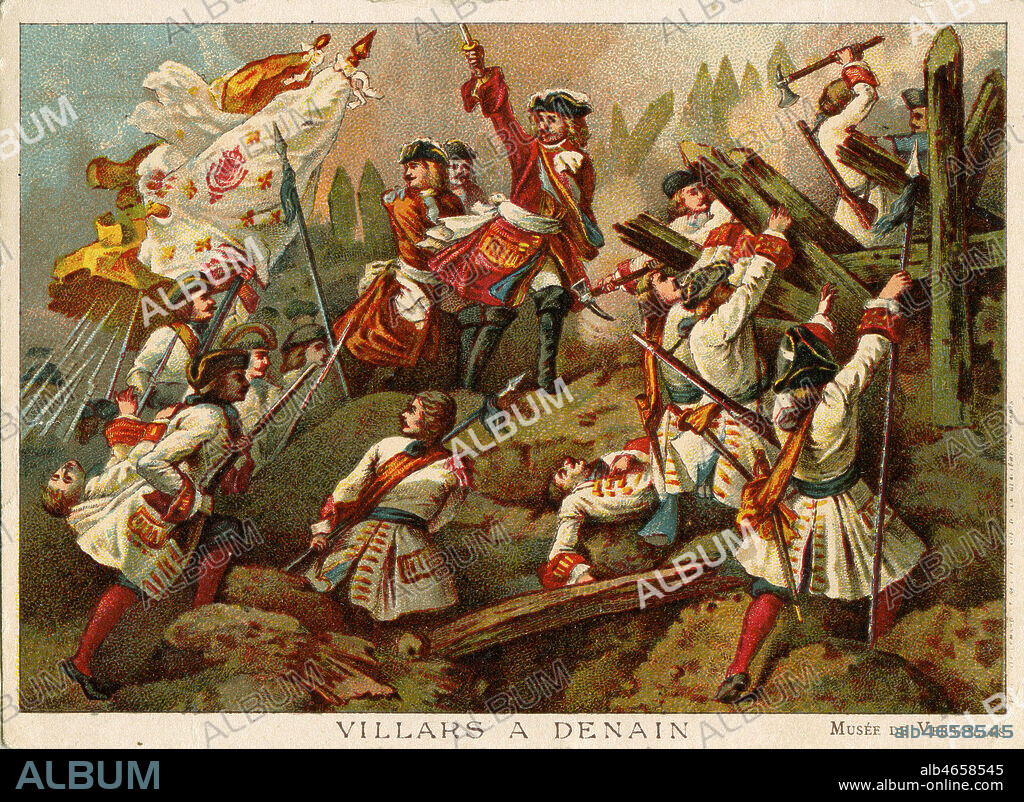 'Villars a Denain', bataille contre les austro-hollandais lors de la guerre de succession d'Espagne. Chromo vers 1900, illustration anonyme d'apres un tableau de Jean Alaux. Credit : Collection IM/KHARBINE-TAPABOR.