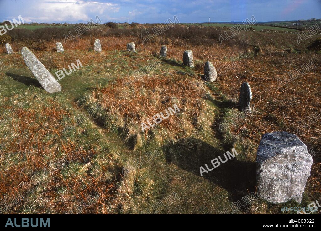 Boscawen-Un Stone Circle near St. Buryan, Penwith, Cornwall, 20th century.  A Bronze age stone circle consisting of 19 upright stones made of grey granite and one of bright quartz,  in an ellipse. It is possible this was a meeting place for druids in the Iron Age.