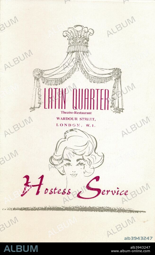 A tariff card for 'The Latin Quarter' nightclub in London's Leicester Square, c1969. The nightclub on Wardour Street, Soho, was notorious for its criminal underground and gangster links. This was highlighted by the gangland killing of David Knight.