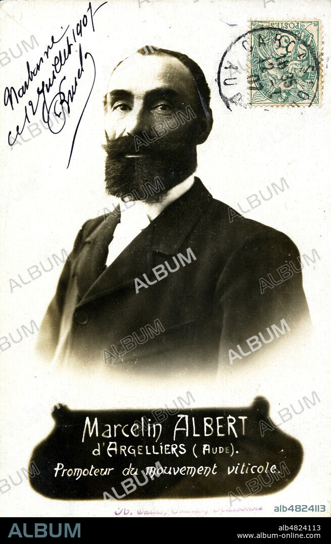Portrait de Marcelin ALBERT (1851-1921) d'Argelliers (Aude), 'promoteur du mouvement viticole', considere comme le meneur de la revolte des vignerons du Midi en 1907. Carte postale de 1907. Credit : IM/KHARBINE-TAPABOR.