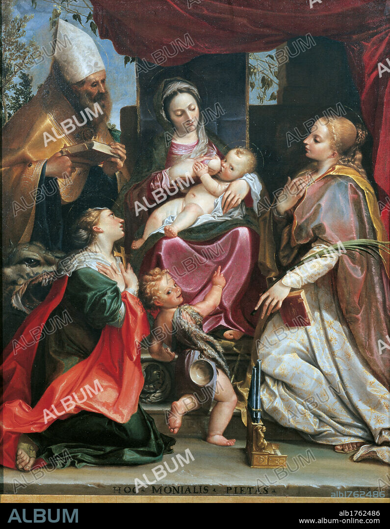 Madonna with Child and Young St John, St Benedict (probably), St Margaret and St Cecilia, by Agostino Carracci, 1586, 16th Century, oil on canvas, cm 152 x 127. Italy, Emilia Romagna, Parma, National Gallery. All. Virgin Mary Madonna Baby Child Jesus throne drape curtain red breastfeeding dress clothes garment pink green saints Margaret cross Cecilia organ Benedict miter bishop book Young Saint John. Authorization required for non editorial use.