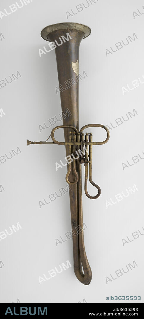 Contrabass Valve Ophicleide in D. Culture: Austrian. Dimensions: 59 1/2 × 18 1/2 × 11 3/8 in., 10 lb. (151.1 × 47 × 28.9 cm, 4535.97g)
Diameter (Of bell): 11 1/4 in. (28.6 cm). Maker: Leopold Uhlmann (Austrian, 1806-1878). Date: ca. 1840.
Uhlmann developed this type in 1835, first as a bass and then in the contrabass version on display. Also in 1835, August Guichard in Paris developed a different valved ophicleide and Wilhelm Wieprecht in Berlin invented the tuba, which finally became the prevailing valve bass.