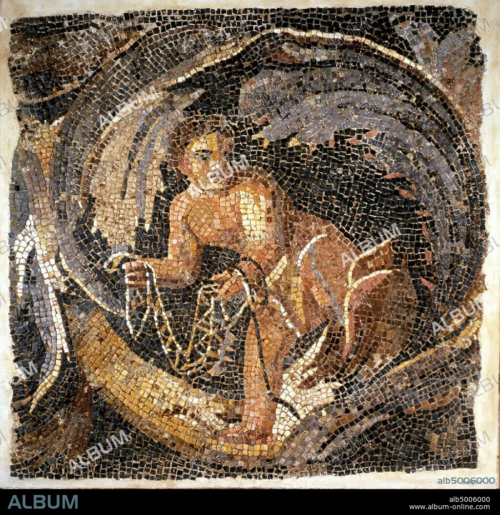 Rectangular fragment of a wake. 'peopled scroll'. Pictured is a putto between an acanthus branch, with a net in both hands, that typifies him as a retiarius, or perhaps as a hunter. Beautiful colors and chiaroscuro effects., Mosaic, fragment, stone (?), Mosaic, mosaic, 70 x 71 cm, 100 kg (27 9.