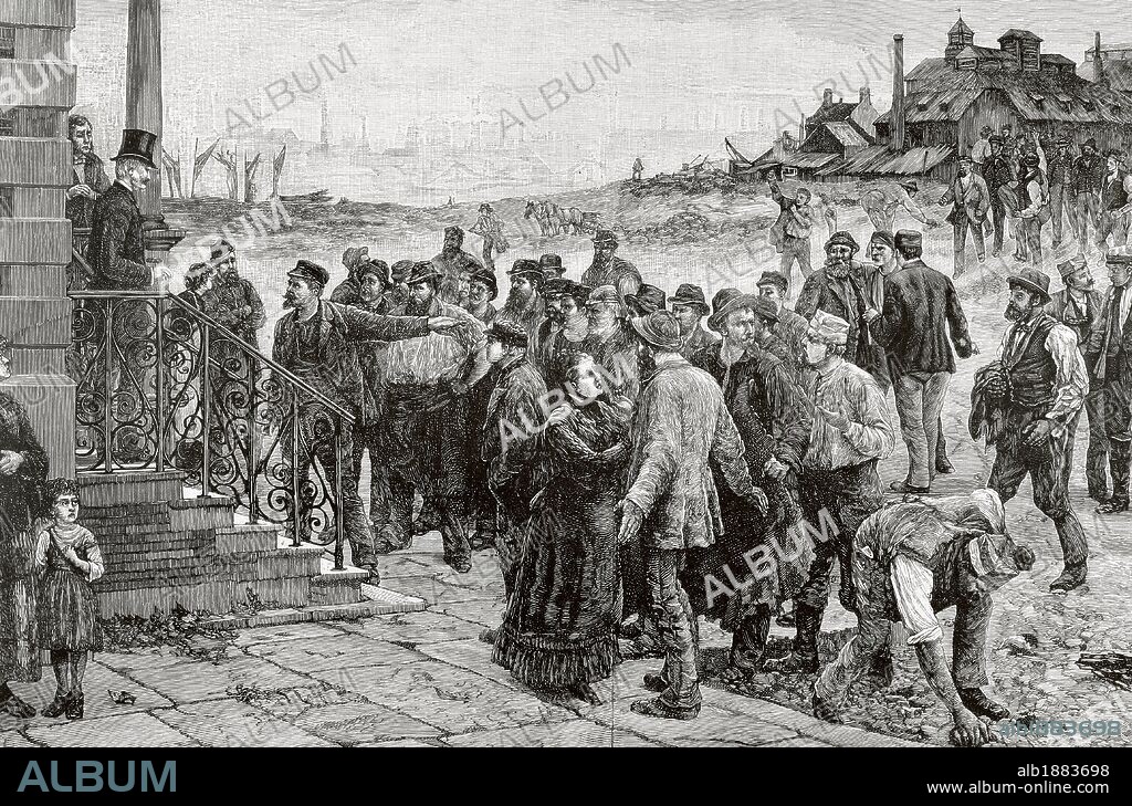 ROBERT KOEHLER. MOVIMIENTO OBRERO. FINALES SIGLO XIX. "LA HUELGA EN BELGICA". Grabado de "La Ilustración Artística", año 1888.