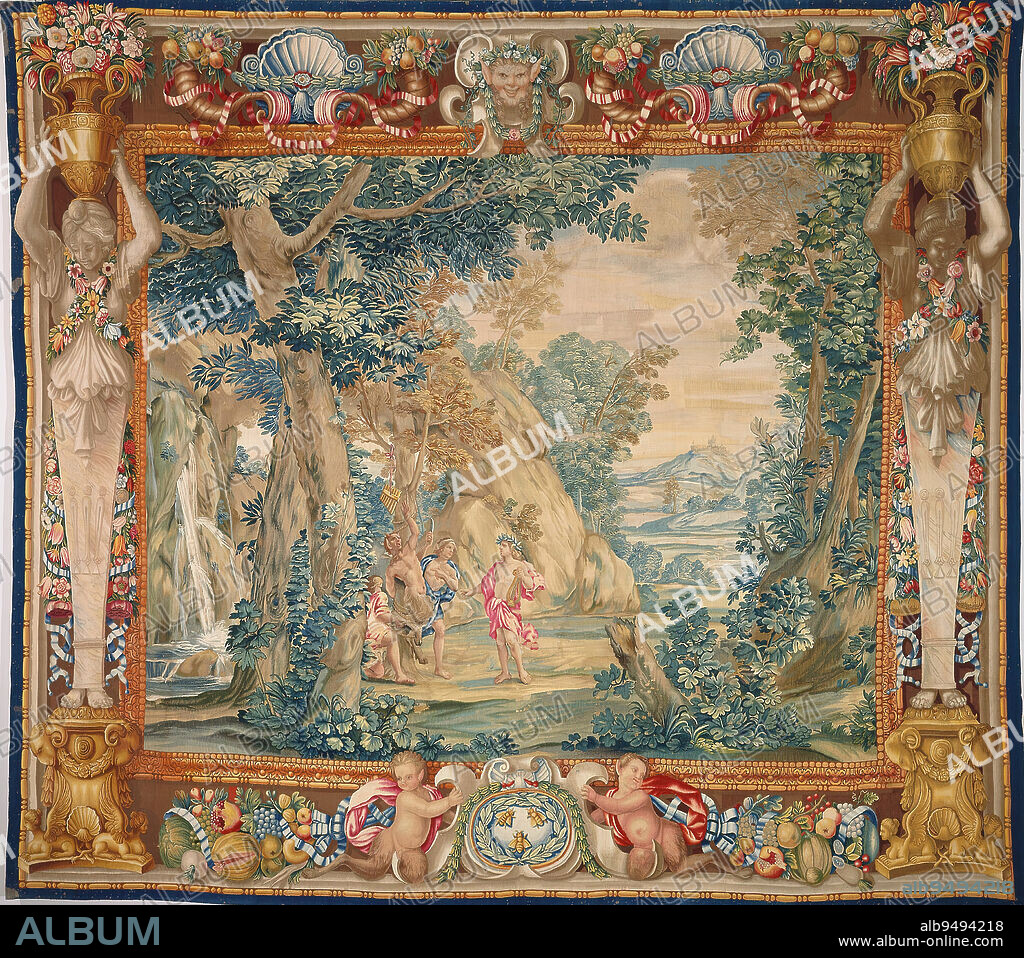 Apollo and Attendants Flaying Marsyas, 3rd quarter 17th century, Clemente Maioli; Cartoonist: Clemente Maioli; Weaver: Maria Maddalena della Riviera and workshop in the Barberini Manufactory, Rome, Italian, 1625 - 1671, 165 x 187 3/4 in. (419.1 x 476.89 cm), Wool, silk; tapestry weave, Italy, 17th century, The satyr Marsyas, a goatlike woodland god, has been tied to a tree and is about to be skinned alive. His crime is pride. In this ancient myth, Marsyas challenges Apollo, god of music and famed for his skill with the lyre (a small harp), to a musical contest after finding a musical pipe. Apollo wins and names Marsyas punishment.