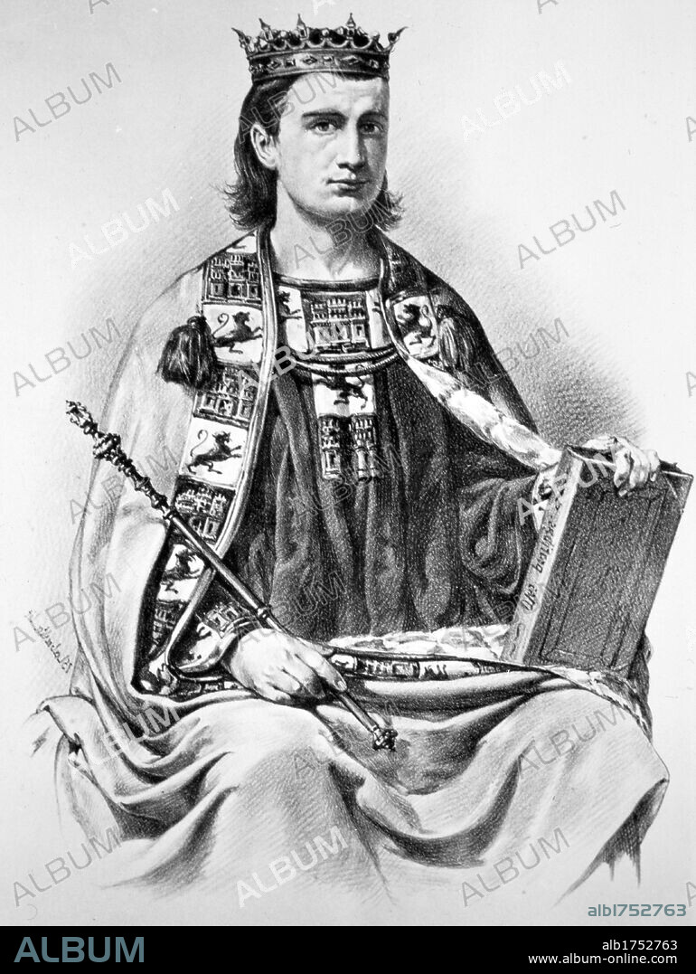 Alfonso X de Castilla, El Sabio (1221-1284). Rey de Castilla y León. Protector de las Ciencias, Artes y Cultura. Litografia de Labarta. España. S.XIII.