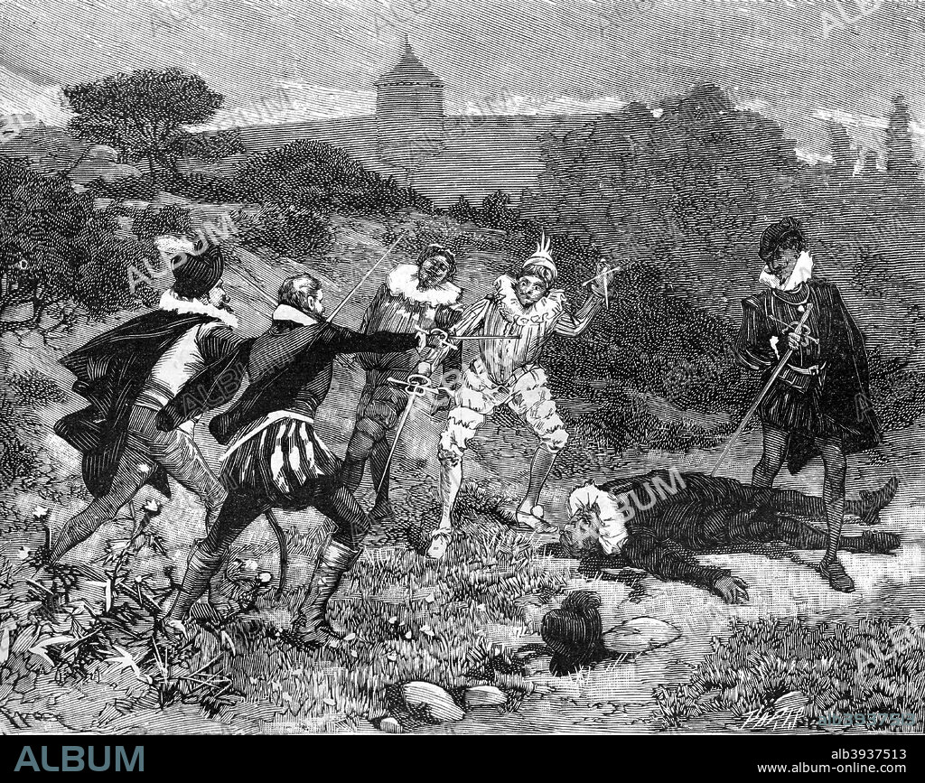 Duel of the Mignons, 27th April 1578 (1882-1884). The Duel of the Mignons was a re-enactment of an ancient Roman battle fought between two sets of male triplets, the Horatii and the Curiatii. It was fought between two rival French court factions, one supporting King Henry III and the other followers of Henry I, Duke of Guise. Four of the participants were killed in the duel, and another badly wounded. A print from La France et les Français à Travers les Siècles, Volume II, F Roy editor, A Challamel, Saint-Antoine, 1882-1884.