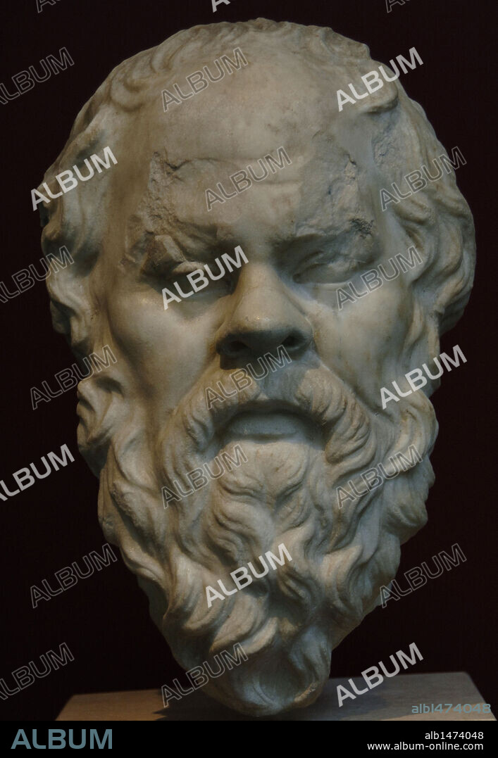 SOCRATES (h.470-399 a.C.). Filósofo griego. BUSTO DE SOCRATES hallado en la Plaza Venecia (Roma). Fechado en el siglo I. Mármol pentélico. Palazzo Massimo. Museo Nacional Romano. ROMA. Italia.