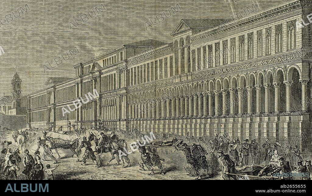 "LLEGADA DE UN CONVOY DE HERIDOS AL GRAN HOSPITAL DE MILAN". El 4 de junio de 1859 tuvo lugar la "BATALLA DE MAGENTA" entre los austríacos y los francopiamonteses. Las tropas francopiamontesas obligaron a los austríacos a abandonar la Lombardia. Grabado.