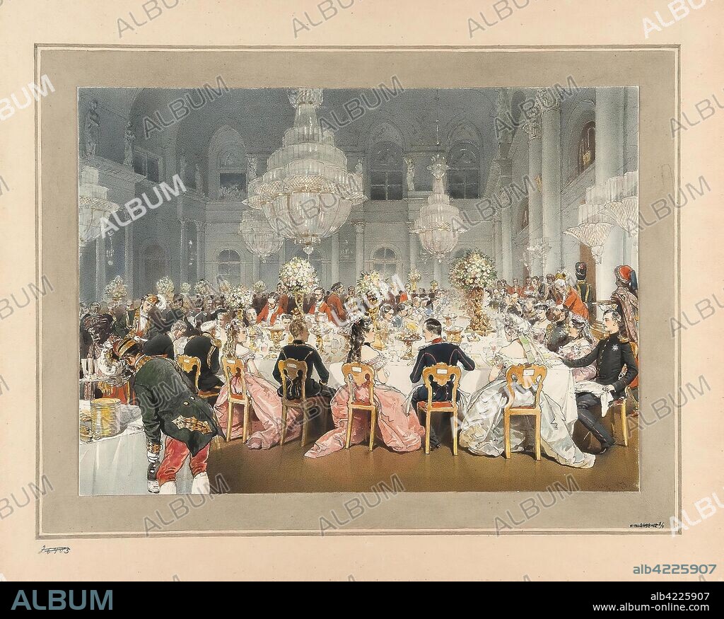MIHALY VON ZICHY. 'The Ceremonial Dinner in the Concert Hall of the Winter Palace on the Occasion of the German Emperor Wilhelm I's Visit to St Petersburg'. The Album "The German Emperor Wilhelm I visiting St Petersburg in 1873" ("Der Besuch Seiner Majestät Des Kaiser's Wilhelm in St Petersburg 1873"). Russia, 1873. Dimensions: 25,7x35,0 cm.