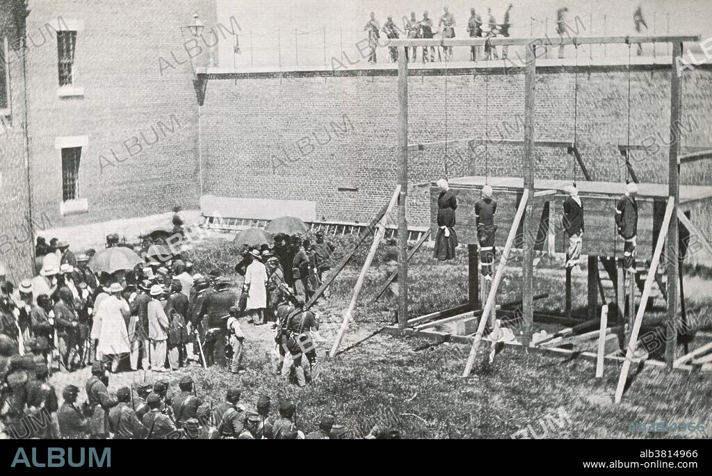 The hanging of Mary Surratt, David Herold, Lewis Powell, and George Atzerodt who were found guilty of conspiring to kill President Abraham Lincoln by aiding and abetting John Wilkes Booth. The execution took place and the Washington Arsenal Penitentiary on July 7, 1865. Mary Surratt becoming the first woman to be executed by the US Government. Soldiers and civilians can be seen in the foreground.