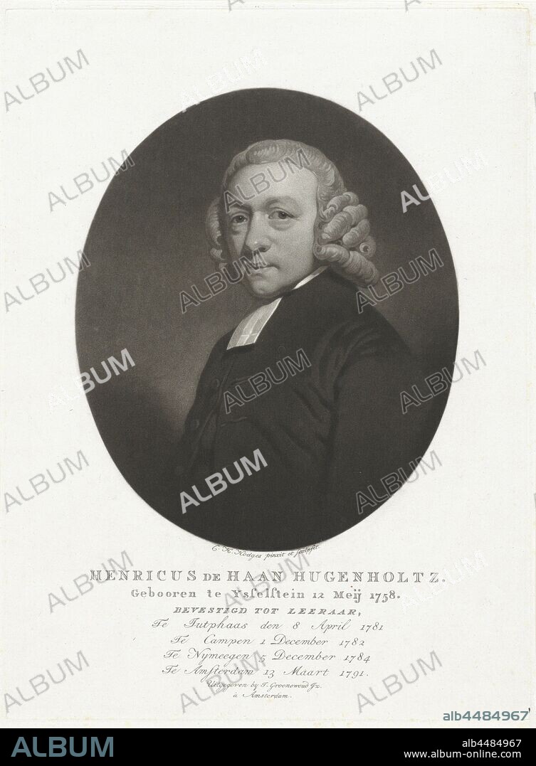 Portrait of the pastor Henricus de Haan Hugenholtz, wedge, Henricus de Haan Hugenholtz, Charles Howard Hodges (mentioned on object), Amsterdam, 1804, paper, engraving, h 377 mm × w 278 mm.