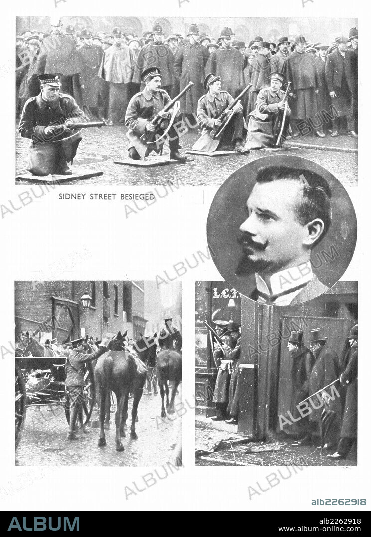 Siege of Sidney Street, Stepney, London, 3 January 1911. Gang of burglars said to be led by Peter Piaktow known as "Peter the Painter" were wanted for murder. Acting on information that they were armed and hiding in Sidney Street, the Police cordoned off the area.