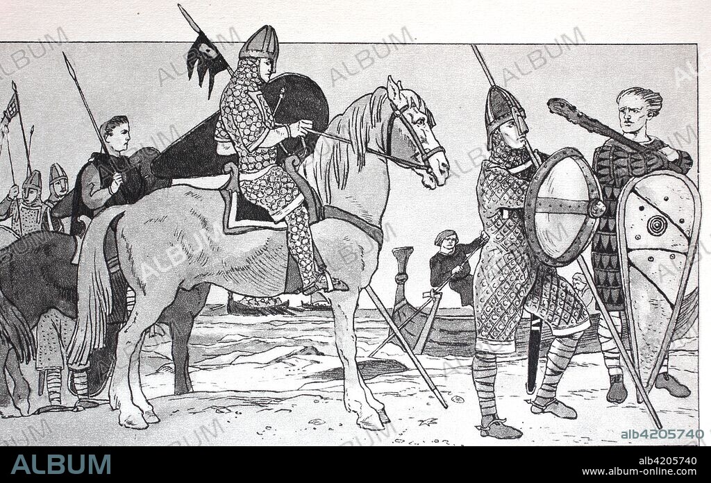 Clothing, fashion of the Norman and Anglo-Saxon warriors of the 11th - 14th centuries, depicting the Battle of Hastings in 1066, on an embroidered carpet to Bayeux, Normandy, digital improved reproduction of an original print from the 19th century.