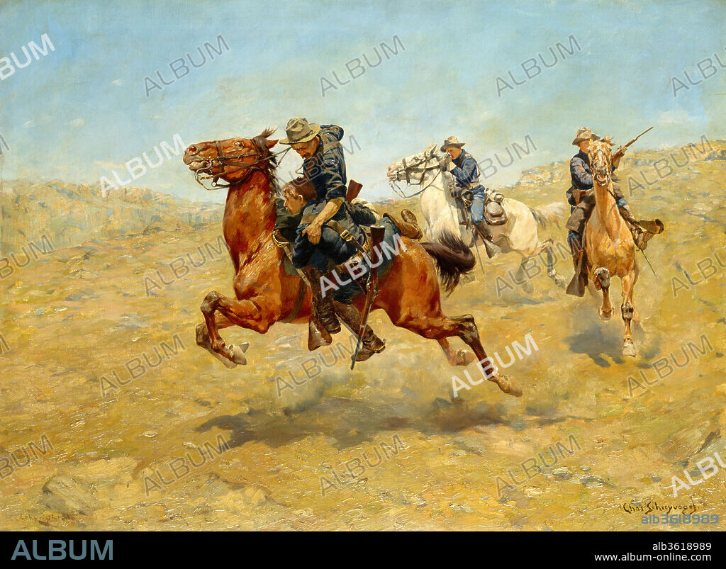 My Bunkie. Artist: Charles Schreyvogel (1861-1912). Dimensions: 25 3/16 x 34in. (64 x 86.4cm)
Framed: 33 3/8 x 47 5/8 x 4in. (84.8 x 121 x 10.2cm). Date: finished 1899.
Schreyvogel, like Remington, based his portrayals of cowboys and cavalrymen on a combination of firsthand experience and masculine escapist fantasy. Between 1893 and 1905 he made frequent visits to the western states and territories, collecting Indian and military artifacts for the authentically detailed paintings he produced in his Hoboken, New Jersey, studio. "My Bunkie" portrays an event described to Schreyvogel by a veteran frontier trooper he met in Colorado. In the heat of a violent conflict on the plains, a soldier heroically rescues a bunkmate who has lost his mount in a skirmish with unseen Indians. Two other cavalrymen continue their fire, protecting and covering for their fellow soldiers. When the painting was exhibited in New York in 1900, it elicited comparisons to Remington's "Wounded Bunkie" (39.65.46a, b) with its shared codes of comradeship and freeze-frame suspended animation.