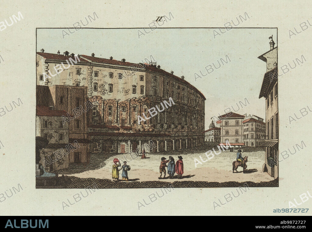 View of the Theatre of Marcellus in Rome. Only 12 or 13 Doric arches remain of the ancient circus erected by Caesar Augustus for his nephew. The ruins of the Palazzo Savelli-Orsini above and dome of Santa Maria in Campitelli at right. Handcoloured copperplate engraving from Carl Bertuch's Bilderbuch fur Kinder (Picture Book for Children), Weimar, 1810. A 12-volume encyclopedia for children illustrated with almost 1,200 engraved plates on natural history, science, costume, mythology, etc., published from 1790-1830.