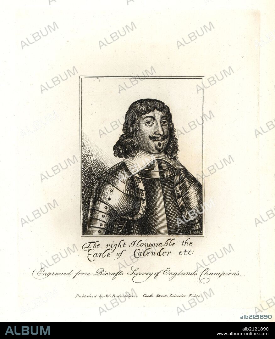 James Livingston, Earl of Callendar, Lieutenant-General in the Royalist Army, died 1672. From a portrait in Ricraft's "Survey of England's Champions." Copperplate engraving from Richardson's "Portraits illustrating Granger's Biographical History of England," London, 1792–1812. Published by William Richardson, printseller, London. James Granger (1723–1776) was an English clergyman, biographer, and print collector.