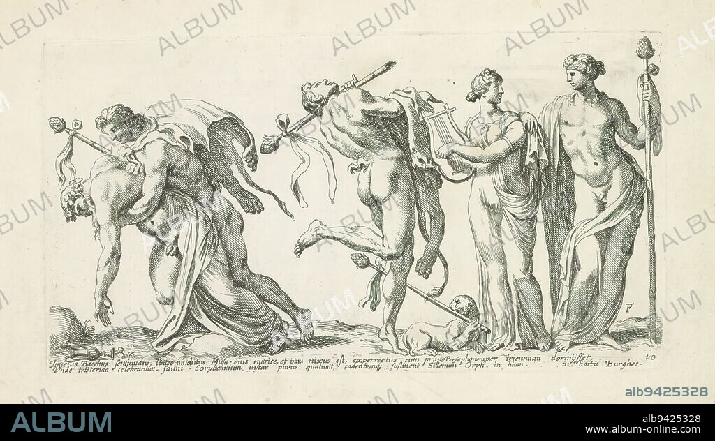 Relief with a bacchantic procession, Roman sculpted reliefs (series title), Icones et segment (...) (series title on object), Relief with a bacchantic procession. Text in Latin in lower margin. Print is part of an album., print maker: François Perrier, (mentioned on object), Giovanni Pietro Bellori, publisher: weduwe François Perrier, print maker: Paris, publisher: Paris, Vaticaanstad, 1645, paper, etching, height 179 mm × width 375 mm.