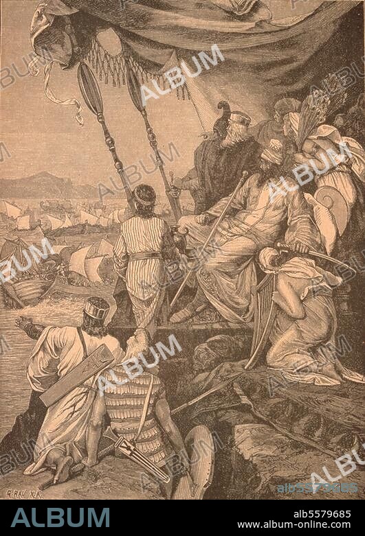 ANONYM. Seeschlacht von Salamis, September. 480 v. Chr. (Die Griechen unter Themistokles besiegen die persische Flotte unter Xerxes). Der persische König Xerxes (519-465 v. Chr. beobachtet die Schlacht. Holzstich, um 1880. Berlin, Sammlung Archiv für Kunst und Geschichte.