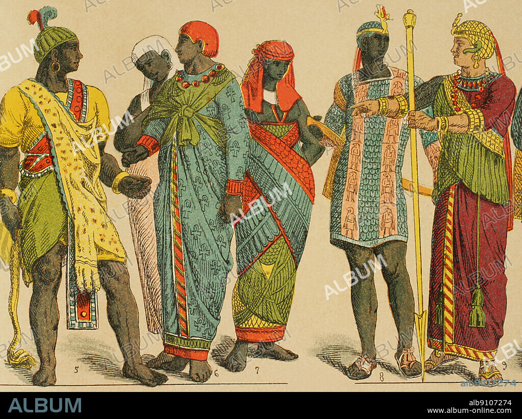 Antiguo Egipto. De izquierda a derecha; 5: piel de amimal que sirve de capa, 6: traje adherido al cuerpo con mangas estrechas y largas, 7: sacerdotisa en traje de ceremonia, 8: coraza o cota de malla de escamas, 9: traje adherido al cuerpo con mangas estrechas y largas. Cromolitografía. Historia Universal, por César Cantú. Tomo I, 1881.