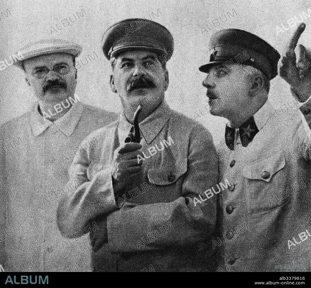 ANONYM. Vyacheslav Molotov, Joseph Stalin and Kliment Voroshilov on the Central Aerodrome, June 25, 1937.