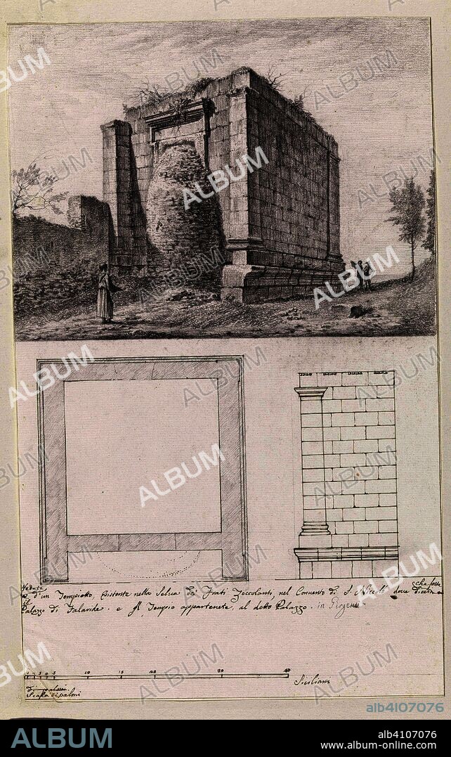 Kleine tempel, mogelijk Oratorio di Falaride, op locatie waar volgens legende vroeger paleis van tiran Phalaris stond, met plattegrond en opstand. Veduta d'un Tempietto, esistente nella selzia de' Frati Zoccolanti, nel Convento di S. Niccolò dove diceri che fosse il Palazzo di Falaride, e il Tempio appartene[n]te al detto Palazzo (title on object). Voyage en Italie, en Sicile et à Malte - 1778 (series title). Draughtsman: Louis Mayer. Dating: 1778. Measurements: h 391 mm × w 244 mm.