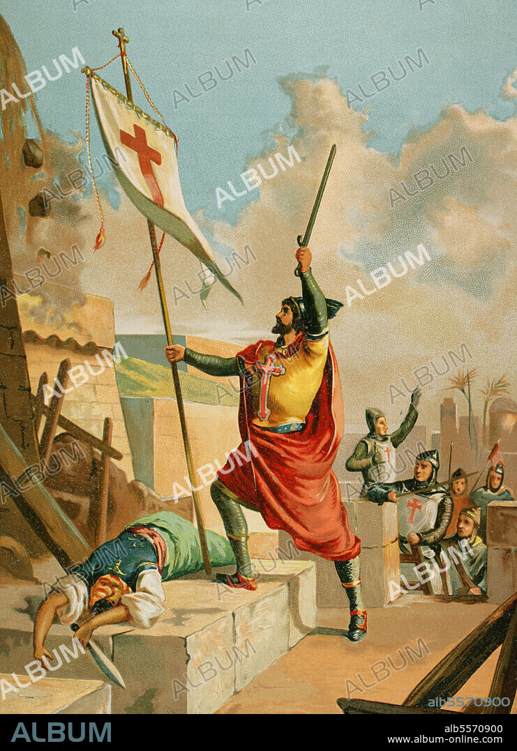Godofredo de Bouillón (1060-1100). Líder militar durante la Primera Cruzada. Primer gobernante del Reino de Jerusalén (1099-1100), eligiendo para su mandato el título de "Defensor del Santo Sepulcro". Cromolitografía. Historia Universal, por César Cantú. Tomo V. Publicado en Barcelona, 1884.