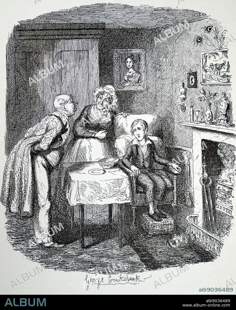Illustration depicting the character Oliver Twist: Mr Brownlow visiting Oliver's sickroom to see how he progresses, while Mrs Bedwin the housekeeper looks on. On the wall is the portrait which we discover later is that of Oliver's mother. Illustrated George Cruikshank (1792-1878) a British caricaturist and book illustrator. Dated 19th century.