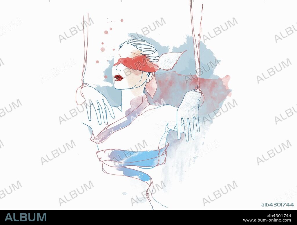 Tied woman in blindfold posing as astrology sign Libra.