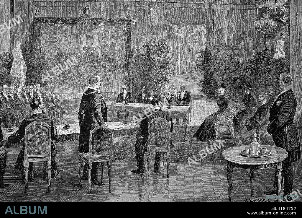 Augusta Victoria of Schleswig-Holstein, Auguste Viktoria Friederike Luise Feodora Jenny, 1858 - 1921, was the last German empress and queen of Prussia, Here at a meeting of the Central Committee in support the victims of the flood, Digital improved reproduction of an image published between 1880 - 1885.