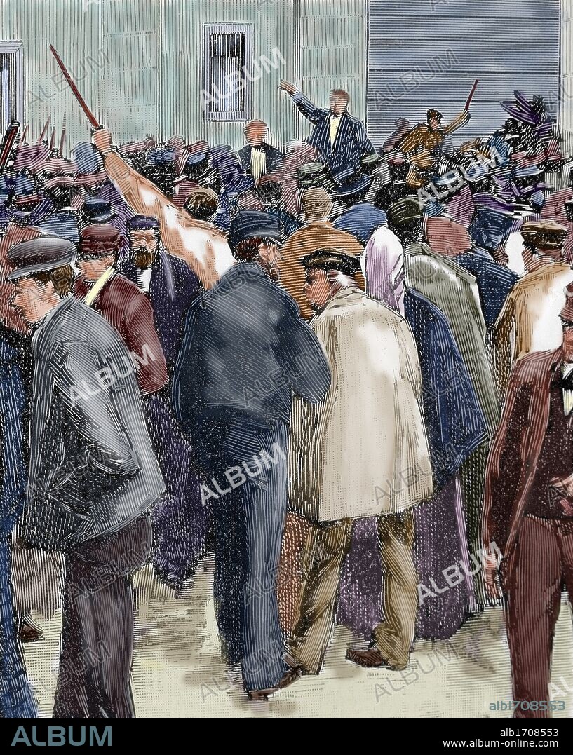 MOVIMIENTOS OBREROS. Meeting celebrado el Primero de Mayo de 1890 en Barcelona. El grabado recoge el momento en que el gobernador civil saluda a los manifestantes después de recoger de estos la exposición en la que se pedía la reducción de la jornada laboral. Grabado coloreado.