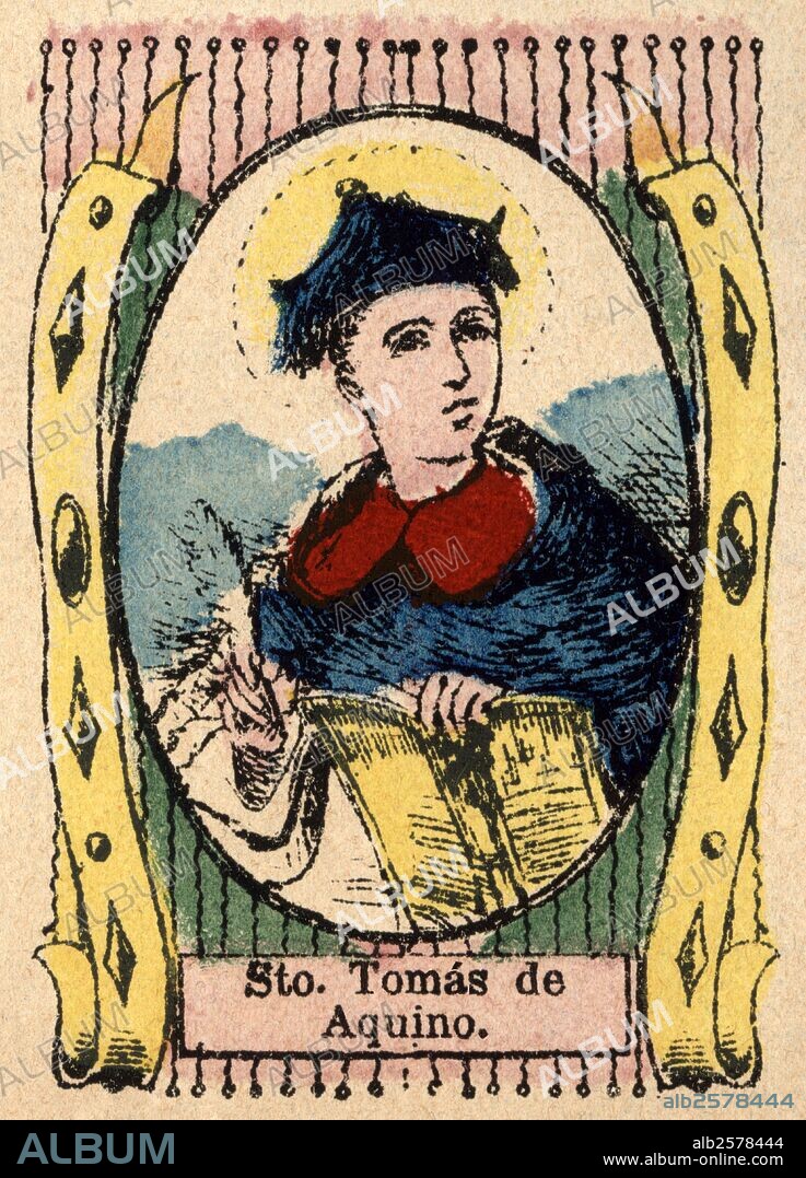 Santo Tomás de Aquino (1224-1271). Teólogo y filosofo italiano. Grabado popular pintado a la trepa en 1870.